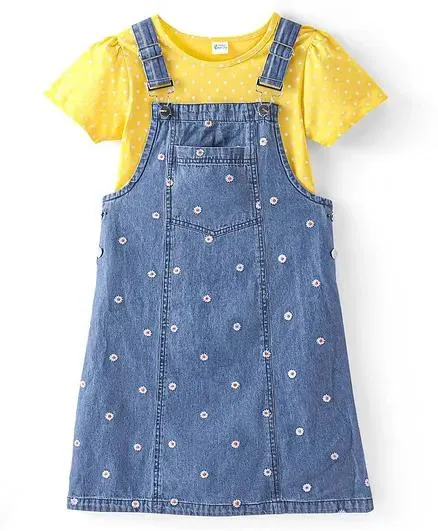 Hola Bonita Denim Floral Embroidered Dungaree Dress With Half Sleeve Polka Dot Printed Inner T-Shirt - Blue & Yellow
