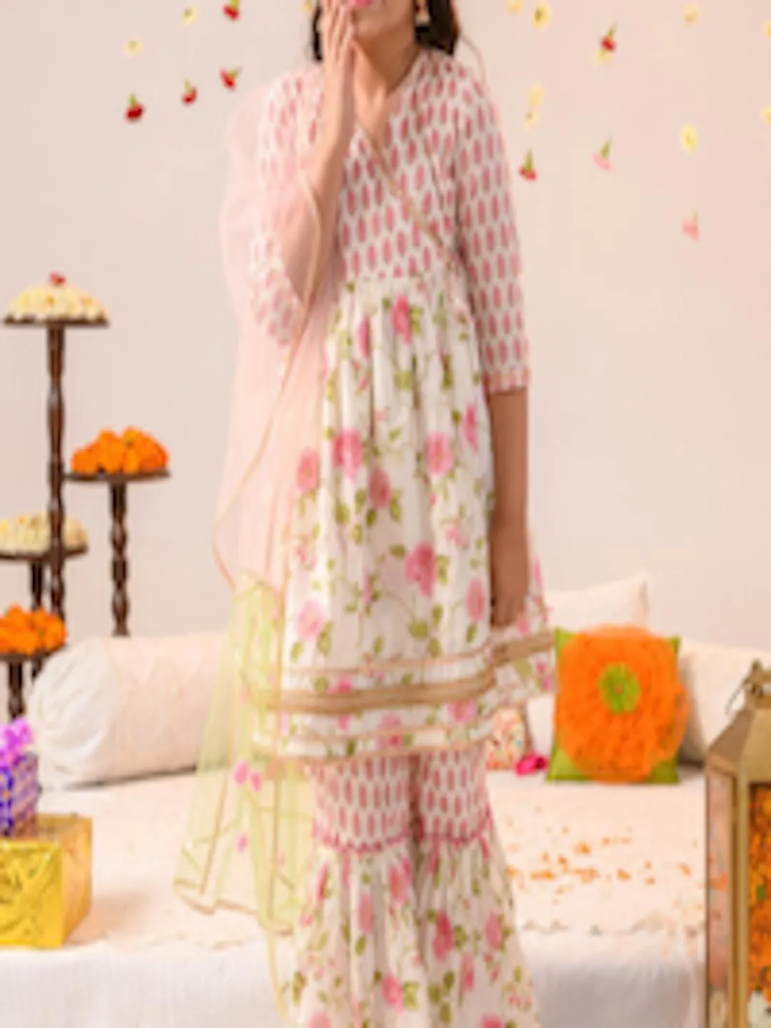 Girls Floral Printed Angrakha Pure Cotton A-line Kurta With Sharara & Dupatta