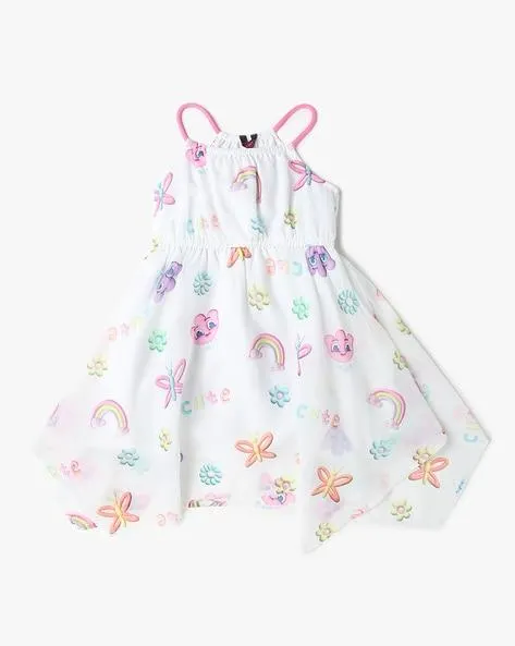 Girls Printed Fit & Flare Dress with Handkerchief Hem