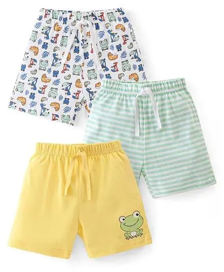 Babyhug Cotton Knit Shorts Striped & Frog Print Pack of 3 - Yellow Green & White