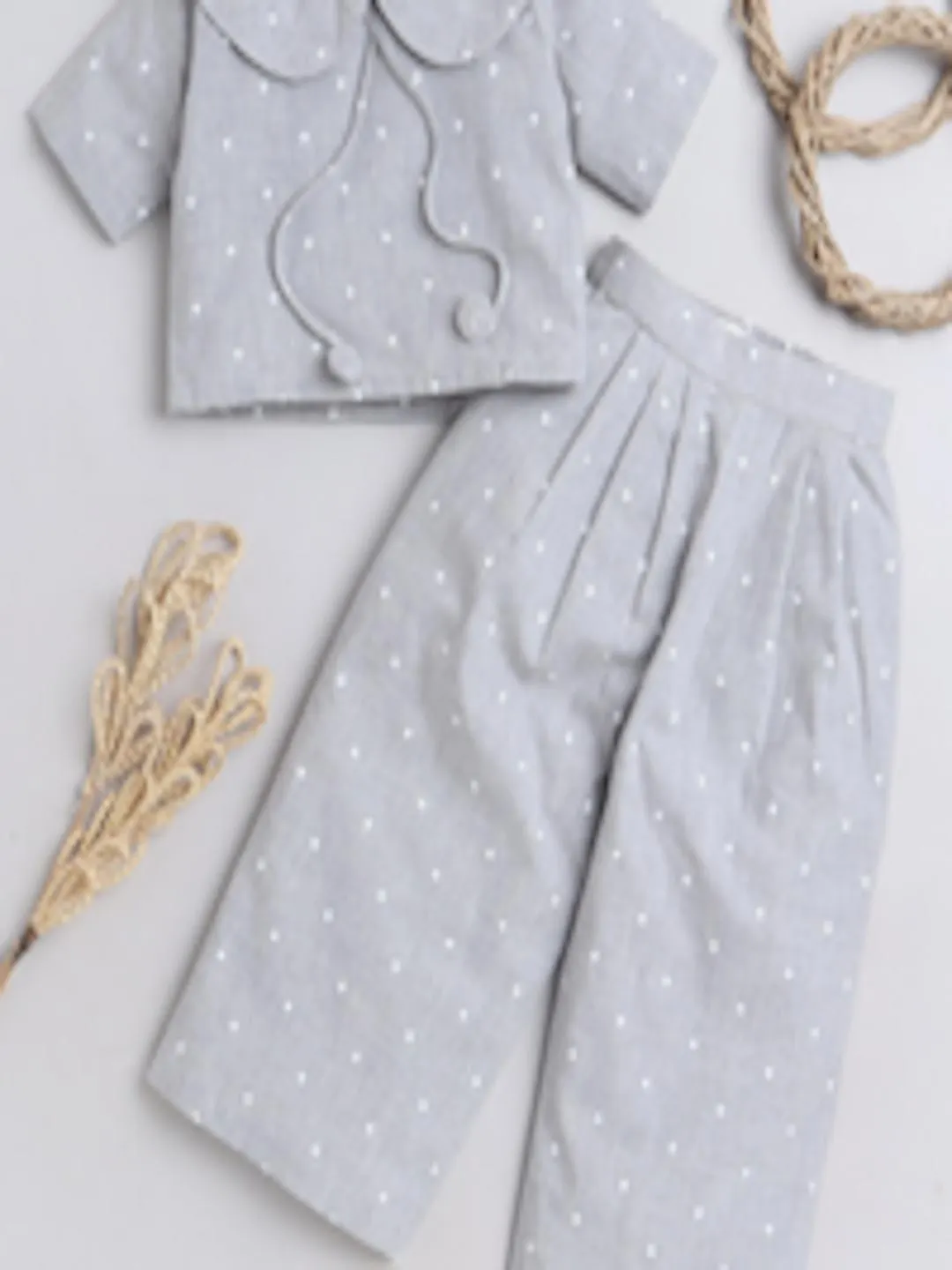 Girls Printed Pure Cotton Chambray Crop Top and Pleated Trousers