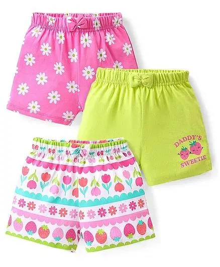 Babyhug Cotton Knit Shorts Floral & Strawberry Print Bow Applique Pack of 3 - Multicolour
