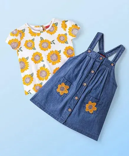 Babyhug Single Jersey knit Half Sleeves T-Shirt & Frock Floral Print - Blue