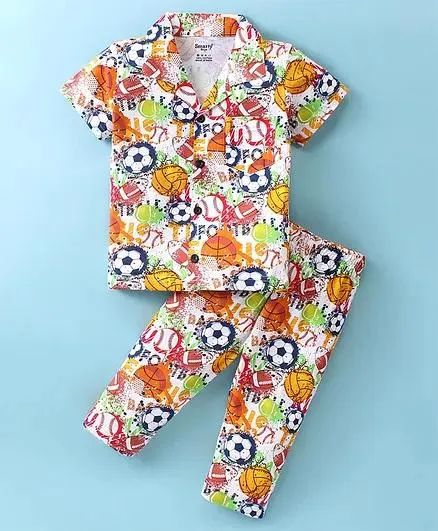 Smarty Boys 100% Cotton Sinker Half Sleeves Night Suit Sports Print - White