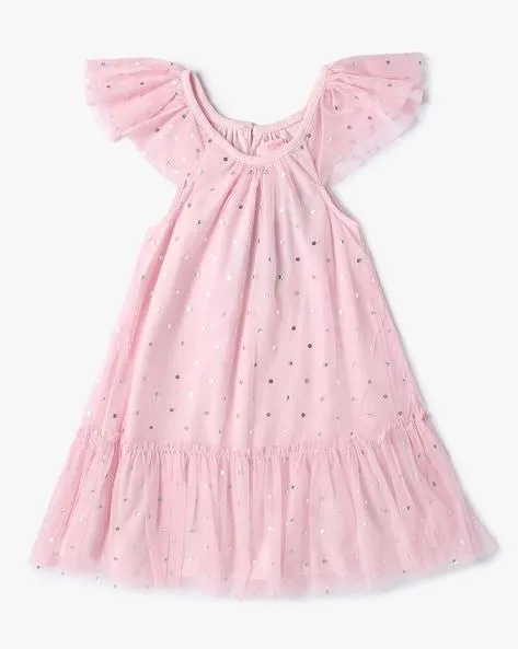 Girls Polka-Dot Print Gathered Tulle Dress