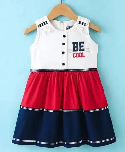 Enfance Core Sleeveless Be Cool Text Printed Cut & Sew Dress - Navy Blue