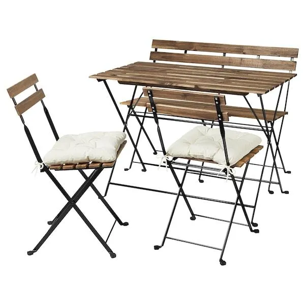 Table+2 chairs+ bench, outdoor, black/light brown stained/Kuddarna beige
