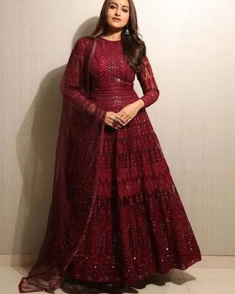 Embroidered Semi-Stitched Anarkali Dress Material