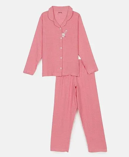 Mackly Full Sleeves Graph Checked & Sneaking Bunny Embroidered Coordinating Night Suit - Peach