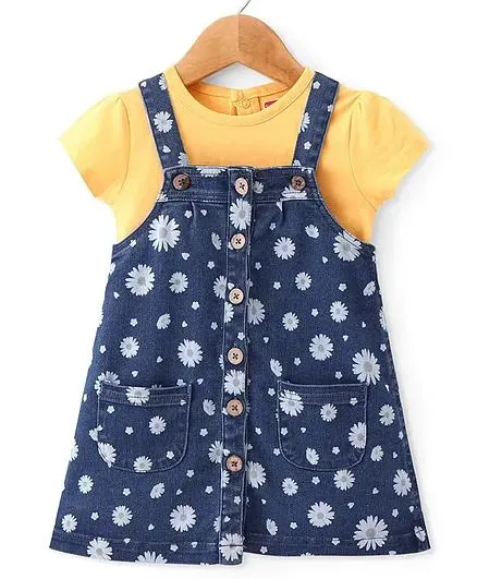 Babyhug 100% Cotton Knit Denim Frock With Half Sleeves Inner T-Shirt Floral Print - Blue & White