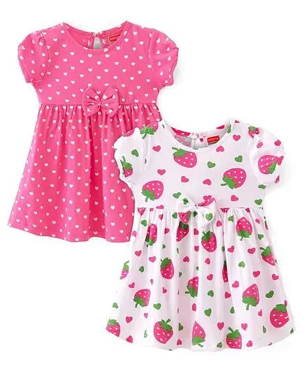 Babyhug Cotton Jersey Half Sleeves Frocks with Heart & Strawberry Print Pack Of 2 - Pink