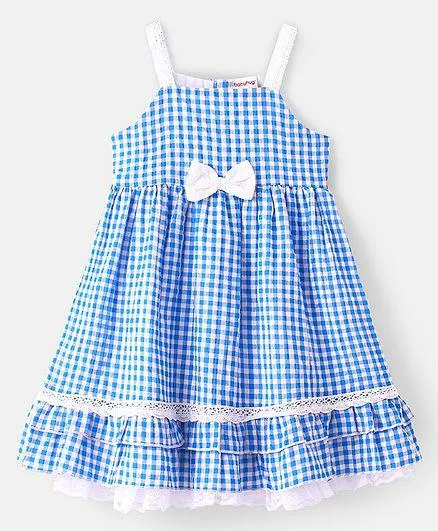 Babyhug Woven Sleeveless Frock Checks Print With Bow Applique - Blue