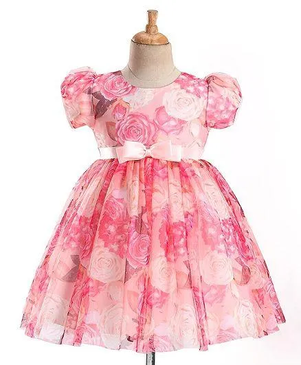 Babyhug Half Puffed Sleeves Floral Printed with Bow Fit & Flared Party Frock - Pink