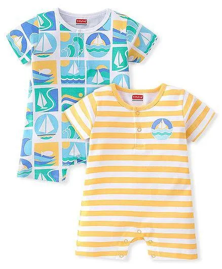 Babyhug 100% Cotton Half Sleeves Striped Romper Pack Of 2 - Multicolor