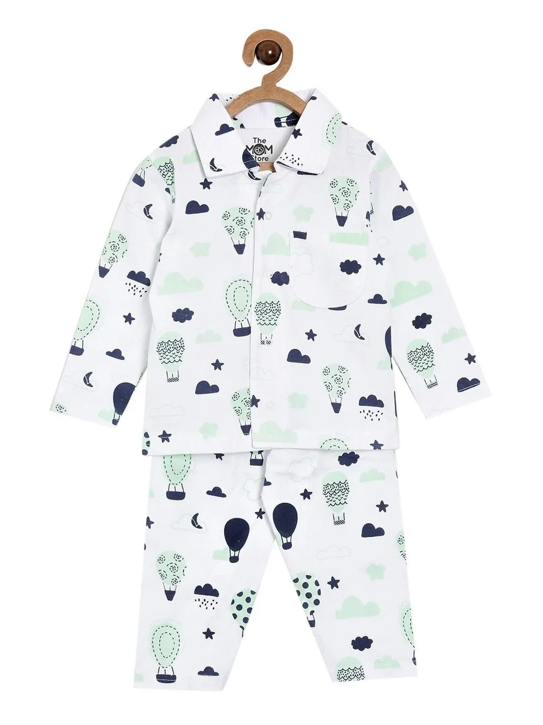 Kids White & Navy Blue Printed Night suit