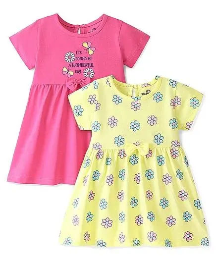 Doodle Poodle 100% Cotton Single Jersey Half Sleeves Floral Print Frocks with Bow Applique Pack of 2 -Pink & Yellow