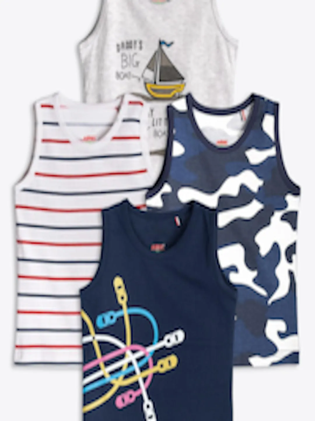 Boys Pack Of 4 Printed Round Neck Sleeveless Pure Cotton T-shirt