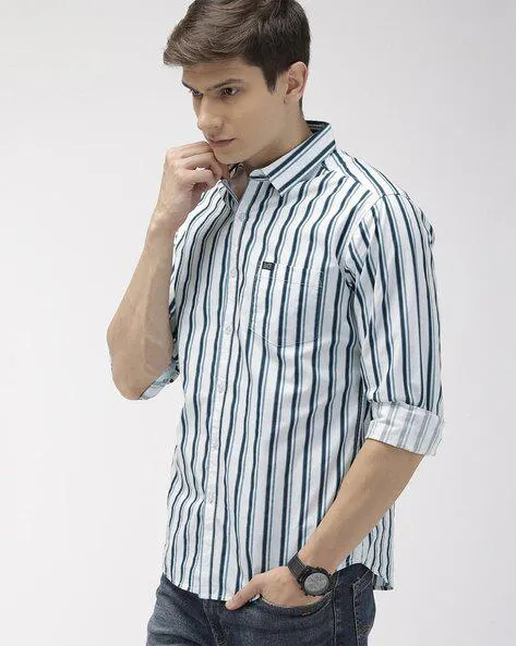 Men Striped Slim Fit Shirt with Patch Pocket