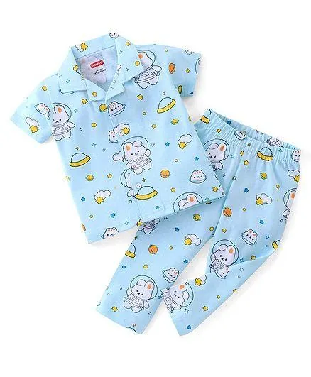 Babyhug Cotton Knit Half Sleeve Front Open Night Suit Astronaut Bunny Print - Light Blue