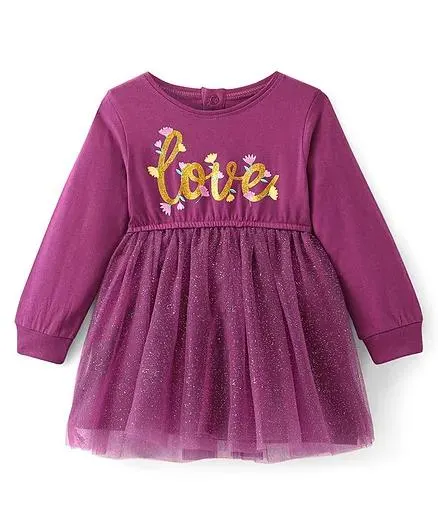 Babyhug Cotton Jersey Full Sleeves Frock With Glitter Love Print - Purple