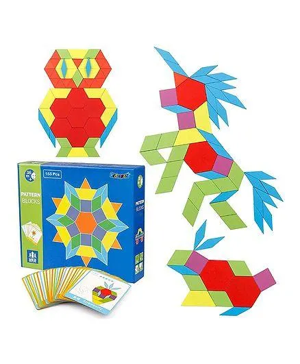 Kidology Wooden Pattern Blocks Set Puzzle Game Multicolour- 155 Pcs