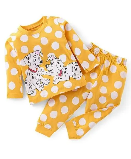 Babyhug Disney Single Jersey Knit Full Sleeves Night Suit Polka Dot and Dalmatians Print - Yellow