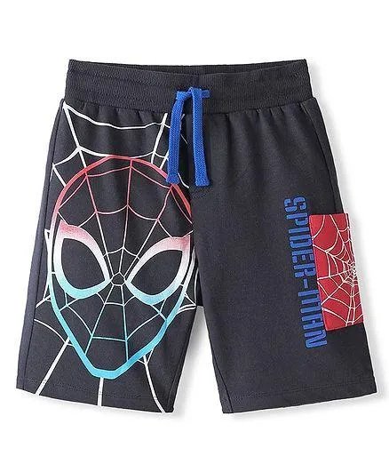 Pine Kids Marvel Cotton Terry Knit Knee Length Shorts with Spiderman Graphics - Black