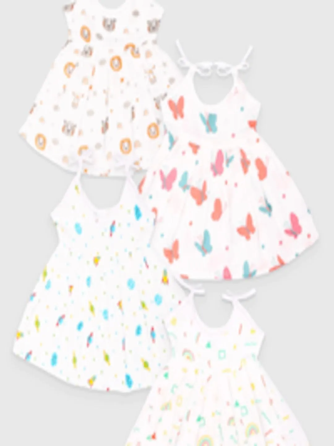 Pack of 4 Girls Conversational Printed Shoulder Straps A-Line Dress