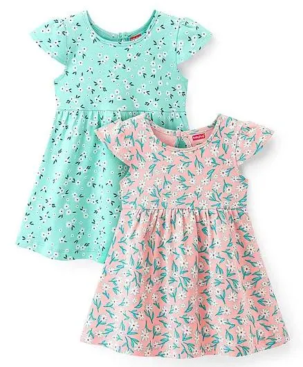 Babyhug Single Jersey Knit Cap Half Sleeves Frocks Floral Print Pack of 2 -Multicolor
