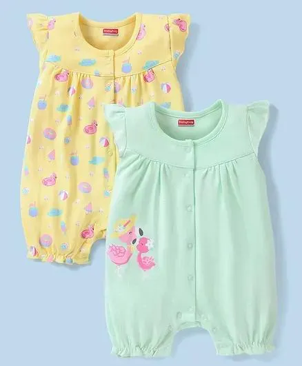 Babyhug 100% Cotton Half Sleeves Romper Ducky Print Pack of 2 - Yellow & Green