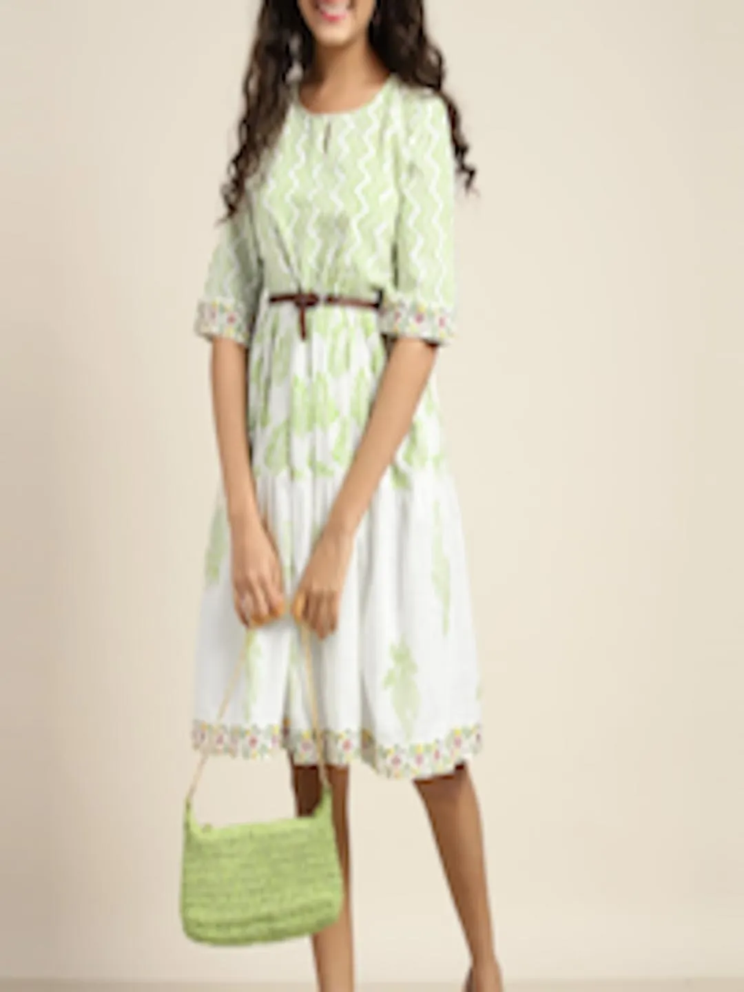 Girls Pure Cotton Ethnic Motifs Print Tiered Fit & Flare Dress With Belt