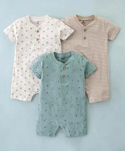 I Bears Cotton Knit Half Sleeves Rompers With Floral & Elephant Print Pack of 3 - White Green & Beige