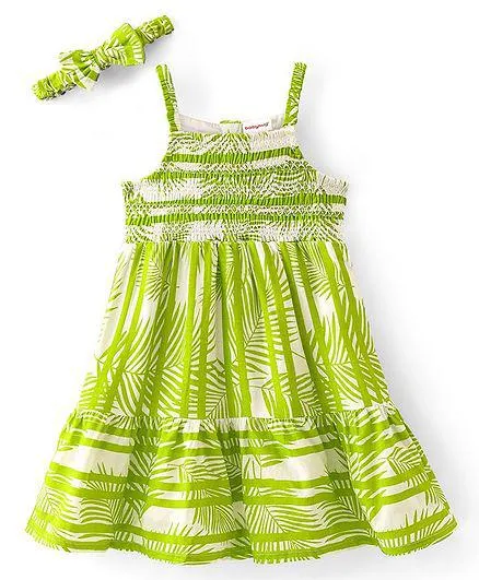 Babyhug 100% Viscose Woven Sleeveless Frock with Head Band Leafy Print - Green
