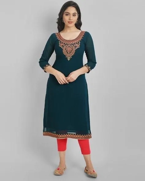 Women Embroidered Straight Kurti