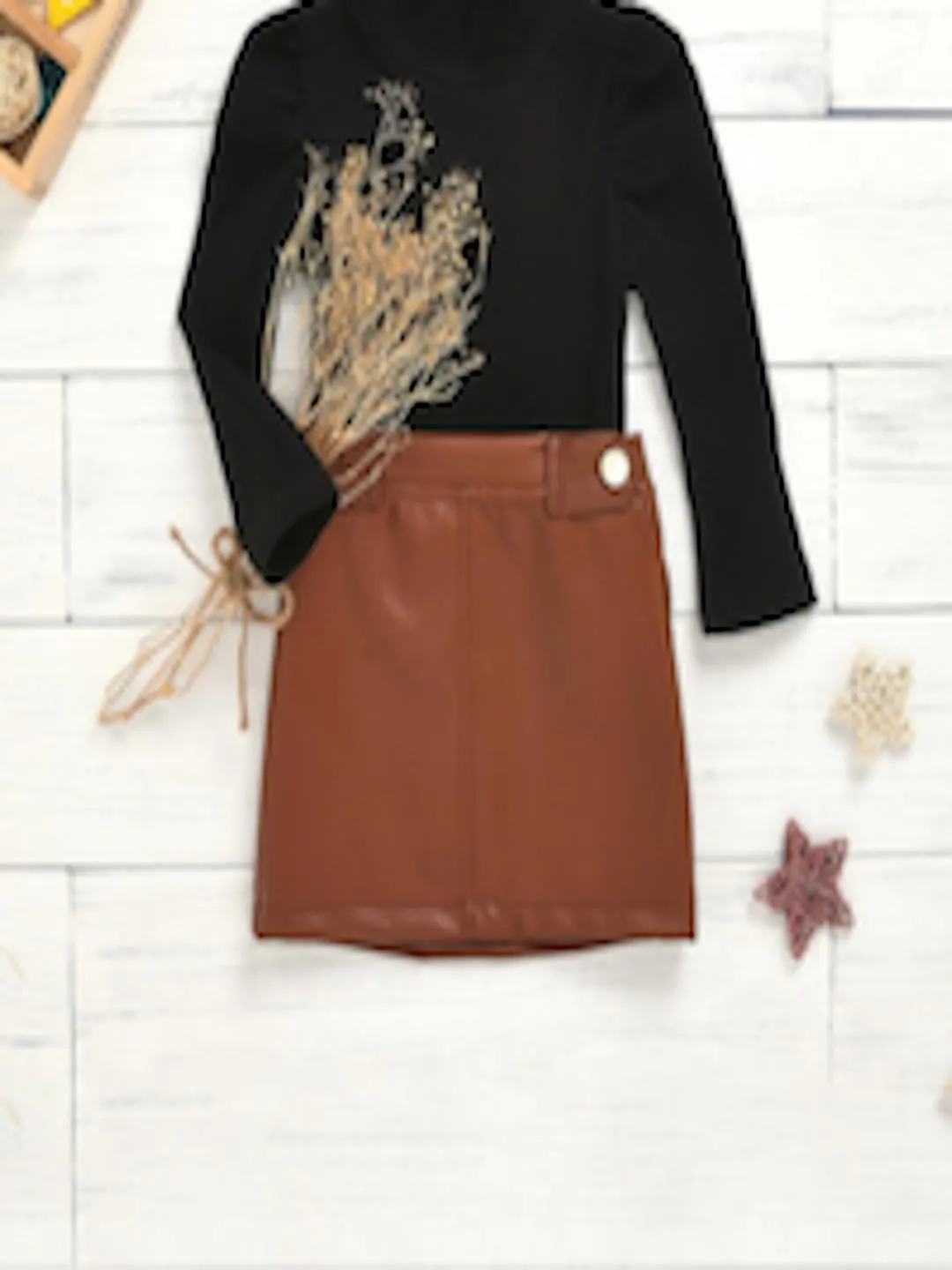 Girls Ribbed High Neck T-shirt with Skirt