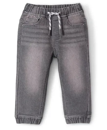 Babyhug Cotton Blend Full Length Solid Color Stretchable Denim Jogger - Grey