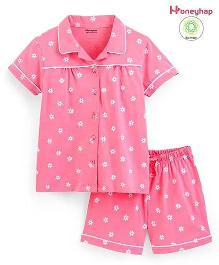 Honeyhap Premium 100% Cotton Half Sleeves Shorts Sets with Bio Finish Floral Print - Pink