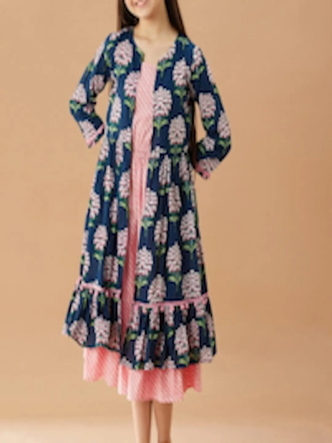 Girls Striped A-Line Midi Cotton Dress