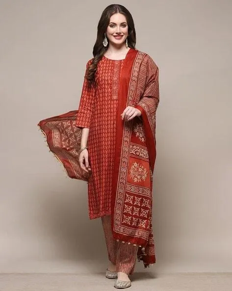 Women Leaf Print 3-Piece Dress Material