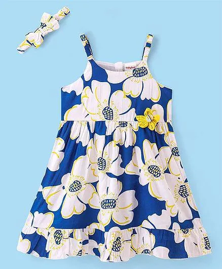 Babyhug Viscose Woven Sleeveless Frock with Head Band Floral Print - Blue & White