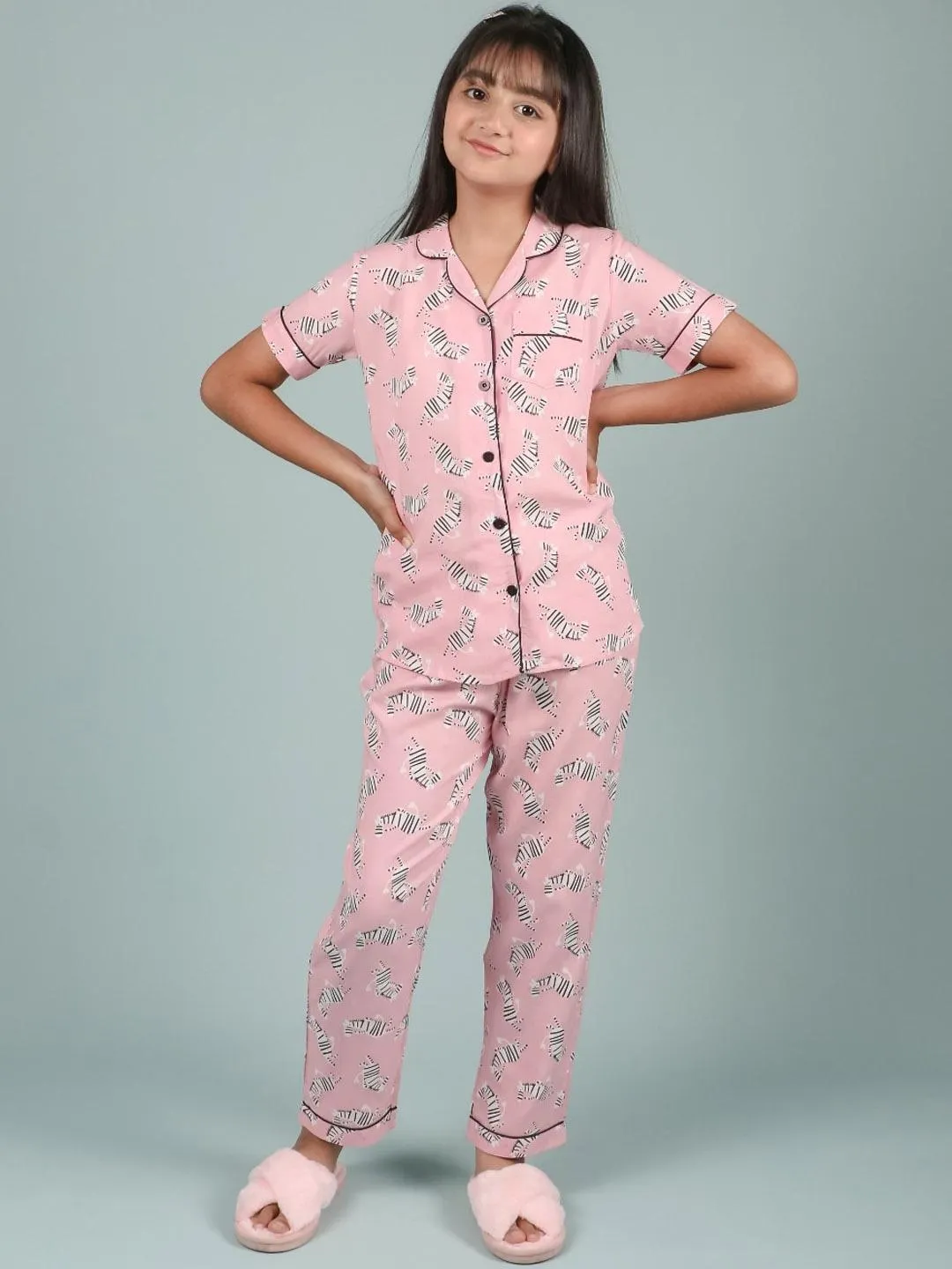 Girls Graphic Printed Lapel Collar Shirt & Pyjama