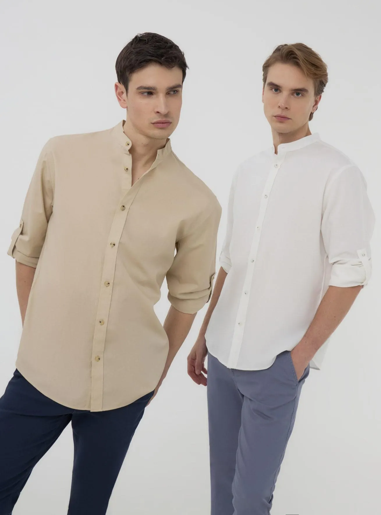 Pack 2 camicie coreane misto lino 1x Beige, 1x Bianco