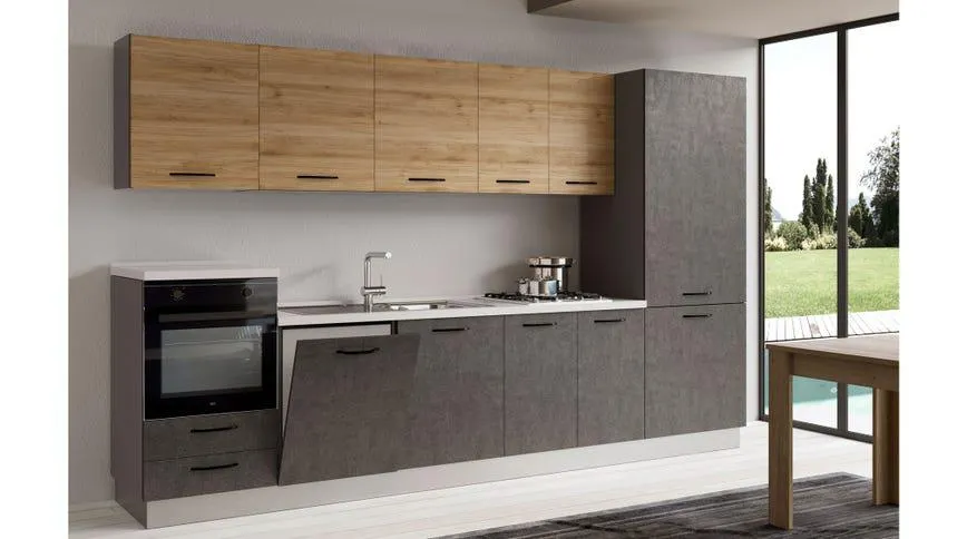 Gilda cucina 345 cm colore cemento scuro e rovere cadiz