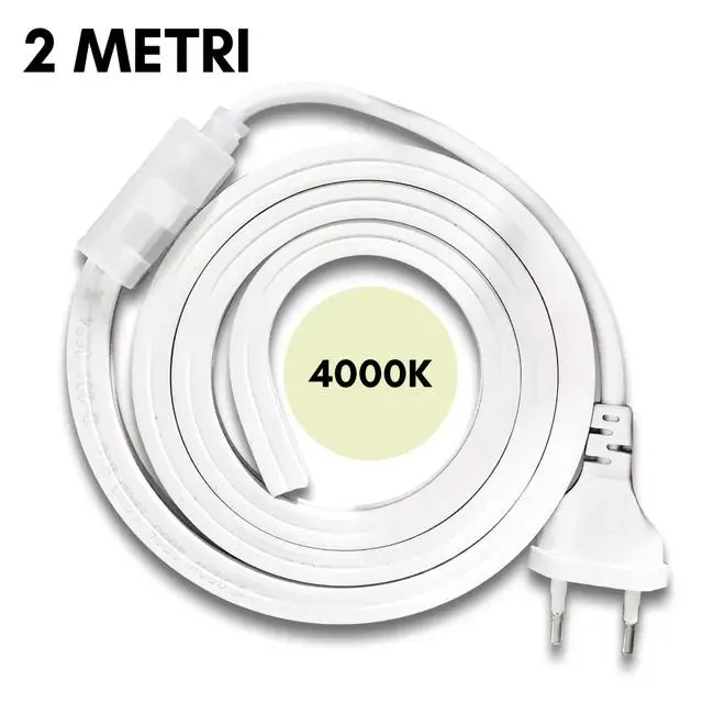 Striscia LED SMD 2835 120D Impermeabile IP65 220V per Profili da 10mm Flessibile Resistente potente per Interni ed Esterni BIANCO NATURALE 4000K 2MT