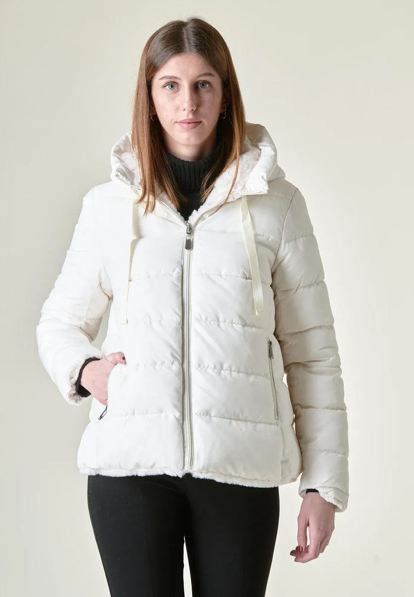 Piumino panna reversibile pelliccia e cappuccio