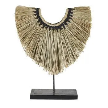 Decorazione da tavolo collana intrecciata in fibra di banano con fili neri e base in legno di teak