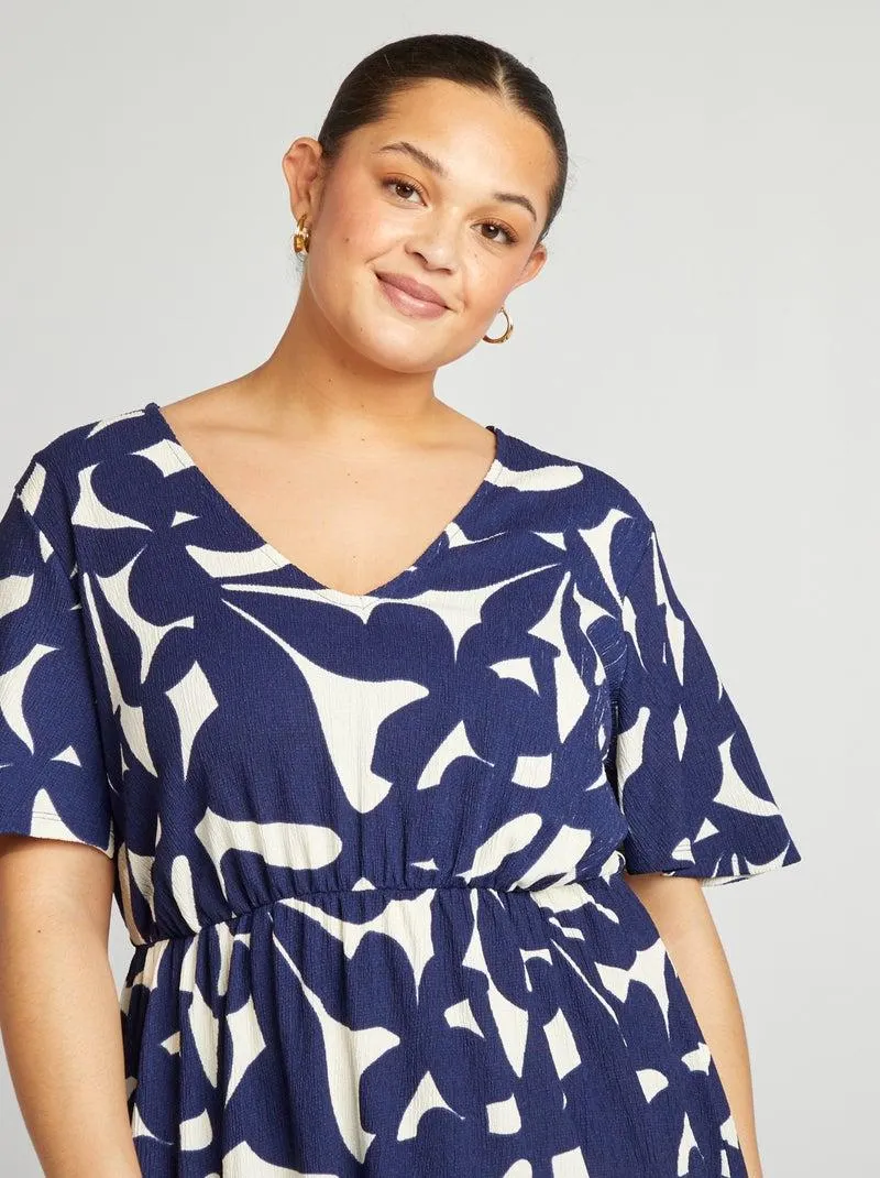 Vestito lungo a maniche corte con tessuto testurizzato - BLU