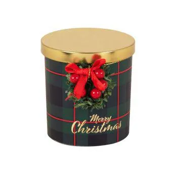 Candela di Natale profumata in vetro con motivo tartan verde e rosso