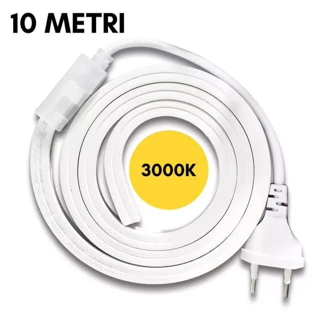 Striscia LED SMD 2835 120D Impermeabile IP65 220V per Profili da 10mm Flessibile Resistente potente per Interni ed Esterni BIANCO CALDO 3000K 10MT