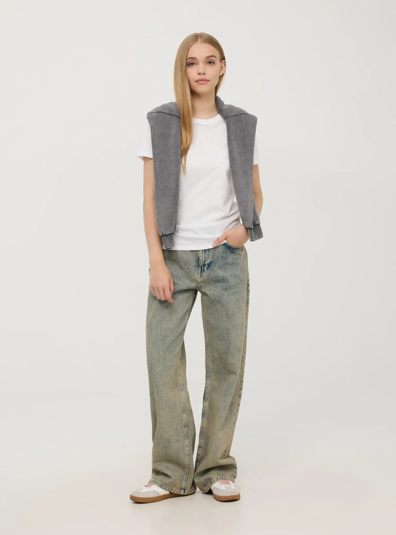 Jeans wide leg effetto sabbiato Blu denim medio